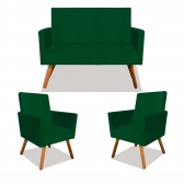 Kit 01 Namoradeira e 02 Poltronas Decorativa Nina com Pés Madeira Suede Verde