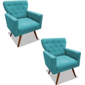 Kit 02 Poltronas Decorativa Julieta Pés Madeira Suede Turquesa