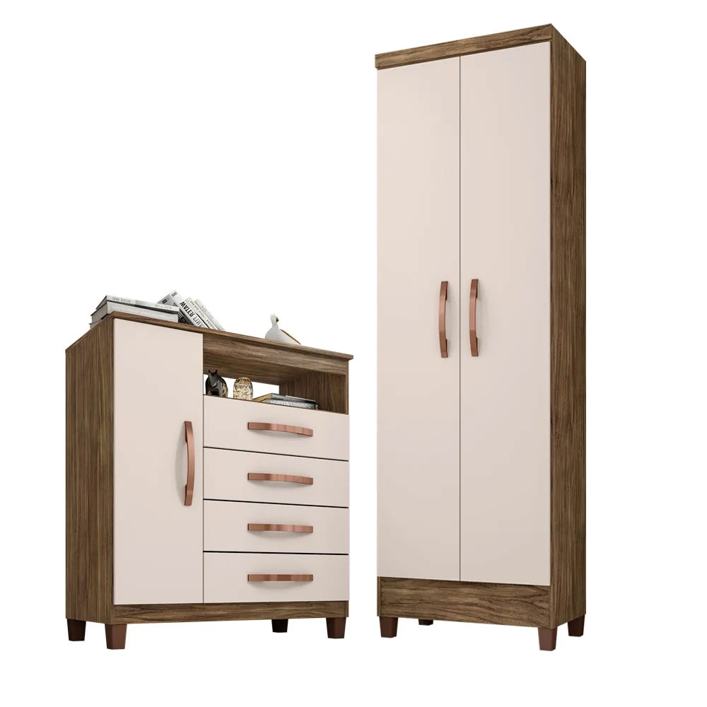 Kit Cômoda Sapateira 1 Porta 4 Gavetas Porto Belo Com Multiuso Cairo 2 Portas Teka Champanhe