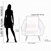 Combo Poltrona Decorativa Cristal com Puff Redondo Pés Madeira Suede Cinza