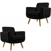 Kit 02 Poltronas Decorativa Cristal Pés Madeira Suede Preto