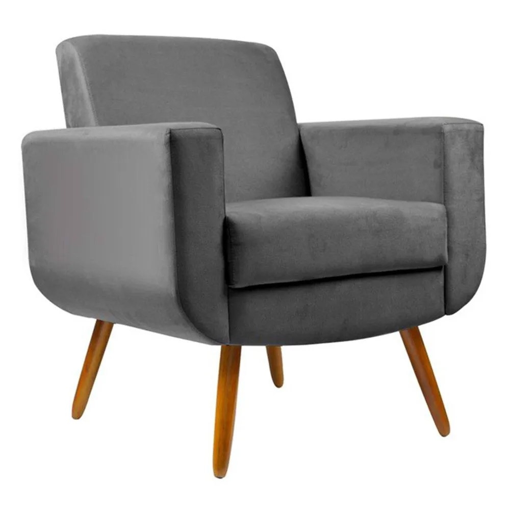 Combo Poltrona Decorativa Cristal com Puff Redondo Pés Madeira Suede Cinza