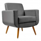 Combo Poltrona Decorativa Cristal com Puff Redondo Pés Madeira Suede Cinza