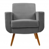 Combo Poltrona Decorativa Cristal com Puff Redondo Pés Madeira Suede Cinza